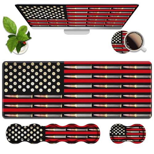4 in 1 Ergonomic Memory Foam Mouse Pad Wrist Rest Set, Large XXL Gaming Desk Pad + Keyboard Wrist Rest + Mouse Wrist Cushion + Coaster for Home Office Study Gaming, American Flag & Bullets - color: American Flag & Bullets