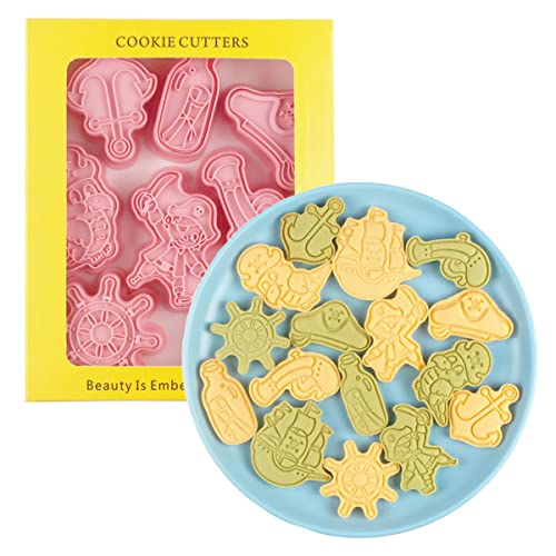 8 pcs Cute Pirate Cookie Cutters,Pirate Ship Cookie Stamps Set (Pirate) - color: Pirate
