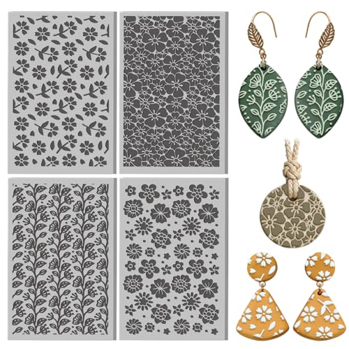 4 Sheets Simple Flowers Clay Texture Mat Artistic Patterns Polymer Clay Texture Sheets DIY Tools for Pottery Earring Jewelry Making Stamp Engraving Machines, 3.9x2.6inch