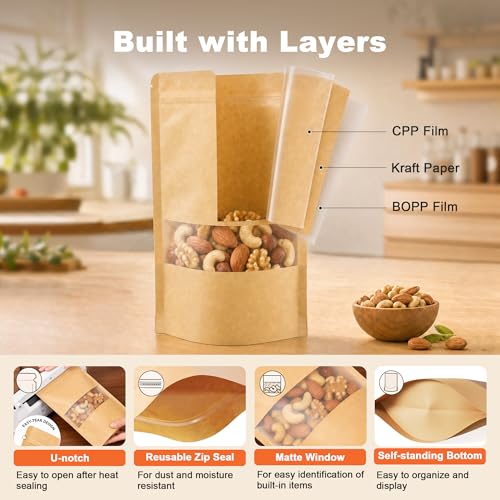 FireKylin 100 Pcs Resealable Bags, Matte Window, Paper, Brown,4.7 x 7.9 in - color: Brown, size: 4.7"x 7.9"