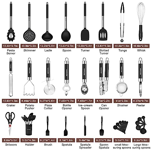 Kitchen Utensils Set-Silicone Cooking Utensils-32 pcs Non-Stick Silicone Cooking Kitchen Utensils Spatula Set with Holder-Best Kitchen Cookware with Stainless Steel Handle (Black) - color: Black