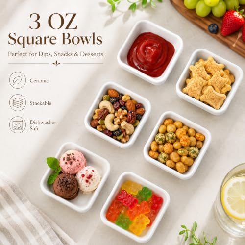 3 OZ Square Dip Bowls Set of 6, White Ceramic Dipping Sauce Dishes - size: 3 oz
