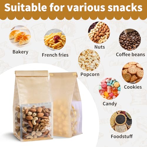 100Pack Kraft Bread Bags with Window and Tin Tie, 3.9 x 3.5 x 9.5 in - color: Brown