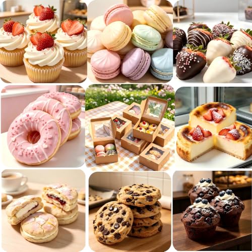 50Pcs 6x6x3 Inch Cookie Boxes with Window, Boxes for Baked Goods - size: Medium-Brown