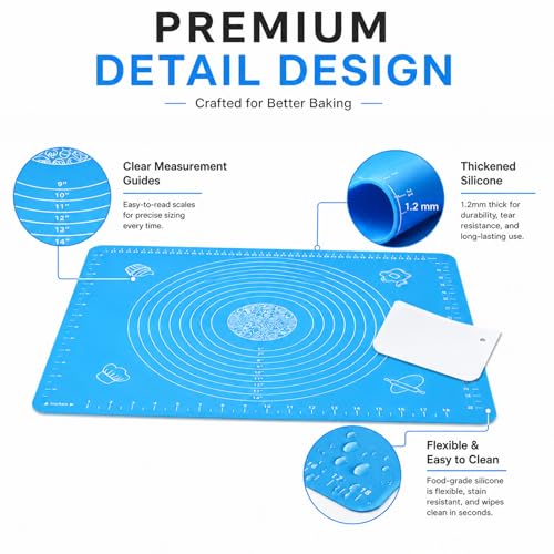 Silicone Baking Mat for Rolling Dough, Non Stick Pastry Mat with Measurements, Anti Slip Kitchen Counter Cover for Kneading, Pie Crust, Pizza and Cake, Blue