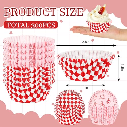 JarThenaAMCS 300 Pcs She's Ready to Pop Cupcake Liner Red White Plaid Bow Paper Baking Cups Soda Muffin Liners Wrappers for Baby Shower Gender Reveal Newborn Party, 2 x 1.2 Inch