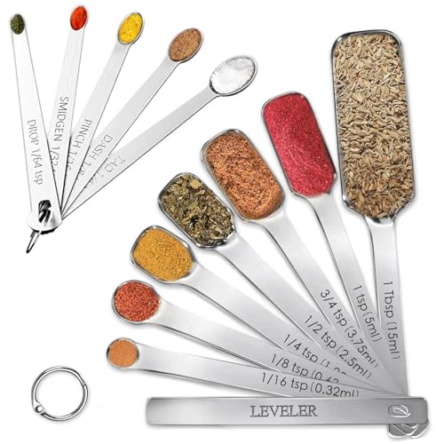 Stainless Steel Measuring Spoons Set of 13, Includes 7 Rectangular Measuring Spoons, 1 Leveler & 5 Tiny Spoons, Compact Spoons Design for Spice Jars, Ideal for Dry and Liquid Ingredients - size: Set of 13
