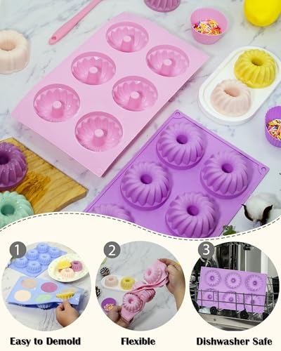 LGQUK Jello Molds 3pcs Silicone Fluted Tube Cake Pans, 6-Cavity Non Stick Silicone Baking Molds for Cupcake, Donuts,Muffin, Cornbread, Brownie, Jellies (Purple+Blue+Pink, Fluted Tube) - color: Purple+Blue+Pink