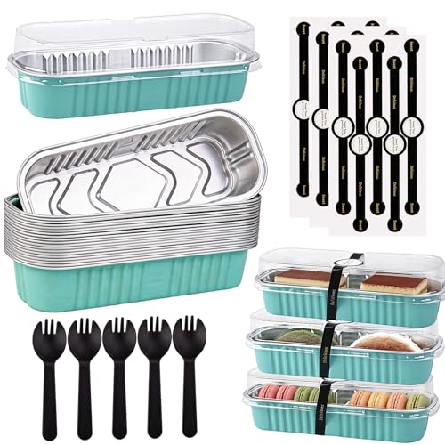 24 Pack Mini Loaf Pans, 7.5oz Mini Cake Pan & Mini Cupcake Pan Set – Disposable Aluminum Baking Pans with Lids, Spoons & Stickers, Premium Sturdy Gift Set for Cakes, Cupcakes, Desserts & Party Treats - color: Blue