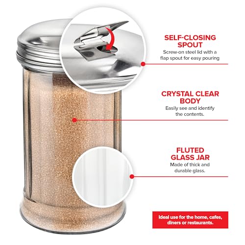 Stock Your Home Glass Sugar Dispenser- Fluted Sugar Pourer with Stainless Steel Self Closing Lid - Crystal Clear Sugar Shaker for Diners, Cafes, Bakeries, Coffee Shops, Restaurants, Kitchens