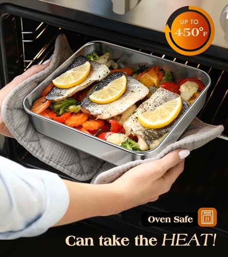 304 Stainless Steel Baking Pan with Lid, 12⅓ x 9¾ x 2 Inch Rectangle Sheet Cake Pans with Covers, Commercial Grade Bakeware for Cakes Brownies Casseroles, Non-toxic & Heavy Duty & Dishwasher Safe - size: 12.4" x 9.6"（1Pan+1Lid）
