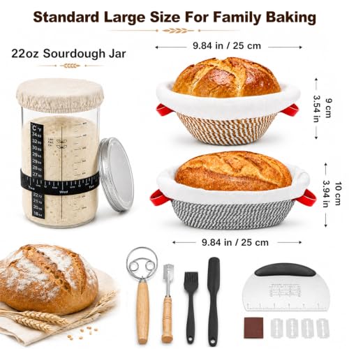 Sourdough Starter Kit Gift Set – 21Pcs Complete Baking Tools with 22oz Jar, Oval Banneton Basket, Dough Whisk, Bread Lame & Silicone Liners, Perfect for Artisan Home Bakers