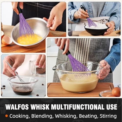 Walfos Whisk, Silicone Whisks Set of 5, Mini Stainless Steel Whisk 7+5in & Non Scratch Coated 7+9+11in Whisks, Suitable for Blending, Whisking, Beating, Frothing & Stirring. (Purple) - color: 5pcs Purple + Stainless Steel;7+9+11in & 5+7in