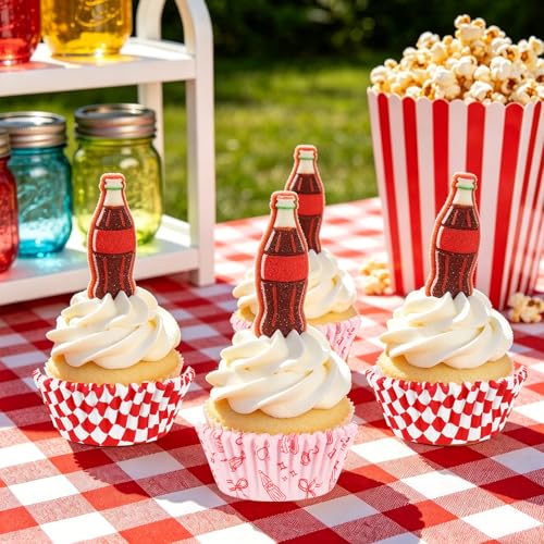 JarThenaAMCS 300 Pcs She's Ready to Pop Cupcake Liner Red White Plaid Bow Paper Baking Cups Soda Muffin Liners Wrappers for Baby Shower Gender Reveal Newborn Party, 2 x 1.2 Inch