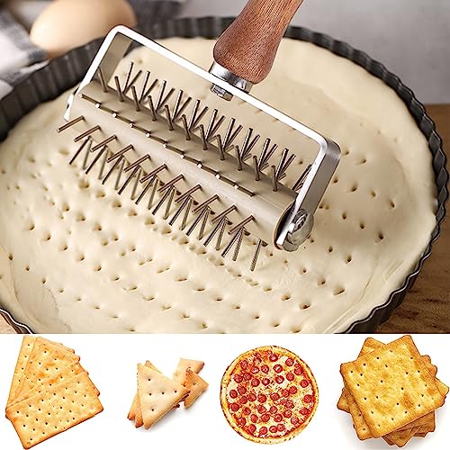 Dough Docker Roller Stainless Steel and Wooden Dough Roller, Set of 2 Pizza Pin Roller Dough Hole Maker Wood Pastry Pizza Roller for Pizza, Cookie, Pie, Pastry, Bread, Crust