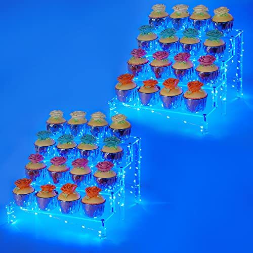 YestBuy Display Shelf Cake Stand – 4 Tier Shelf Cupcake Stand – Multifunctional and Durable Acrylic Stand – Mounting Hardware Included – Ideal for Desserts, Cosmetics, Glassware, Figurines - color: Clear（Blue Light）, size: 4 Tier - 2 Pack