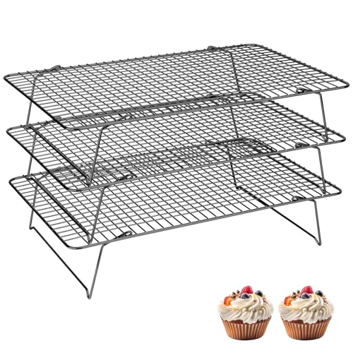 Pleafind 3 Pieces Stackable Cooling Rack - 16 x 10 Inch Wire Rack, 0.43" Dense-Grid Cooling Racks for Cooking, Baking, Roasting, Grilling, Oven and Dishwasher Safe, Black - color: Black