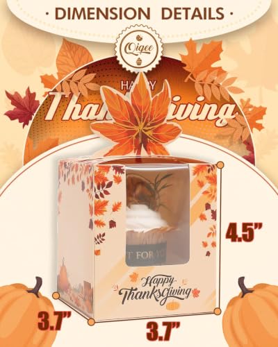 qiqee Thanksgiving Individual Cupcake Boxes Cupcake Holders Disposable 60pcs Single Cupcake Boxes with Window 3.7"x3.7"x4.5" Cupcake Containers For Thanksgiving - color: Thanksgiving, size: 60Pcs, One Holder