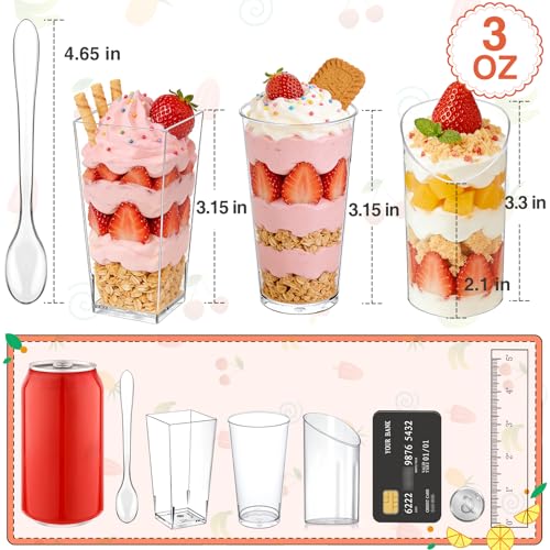 Eupako 120 Pack 3 oz Plastic Dessert Shooter Cups Assorted Shape - 40 Slanted 40 Round 40 Square Mini Clear Appetizer Cup, Small Dessert Cup for Jello Shots, Parfait, Puddings, Mousse - style: Round & Square & Slanted - 3 oz - 120 Set