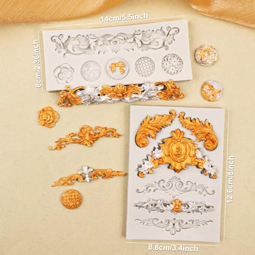 4 Pieces Baroque Silicone Fondant Mold Scroll Border Lace Silicone Molds Curlicues Gum Paste Candy Chocolate Molds for Cake Decorating Sugar Craft Polymer Clay