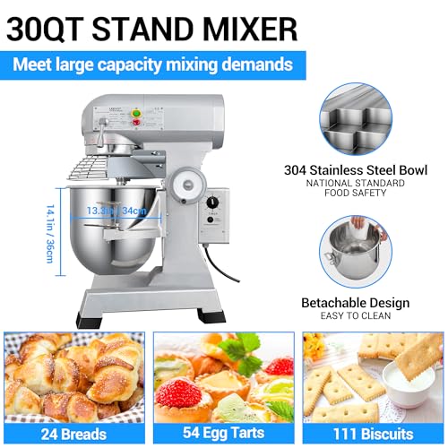 LEEVOT Commercial Mixer 30QT, Heavy Duty Stand Food Mixer, 3-Speed Adjustable Electric Dough Mixer with Stainless Steel Bowl for Dough Kneading Home Bakery Pizzeria Restaurant 120V 60HZ - size: 30QT+Timer