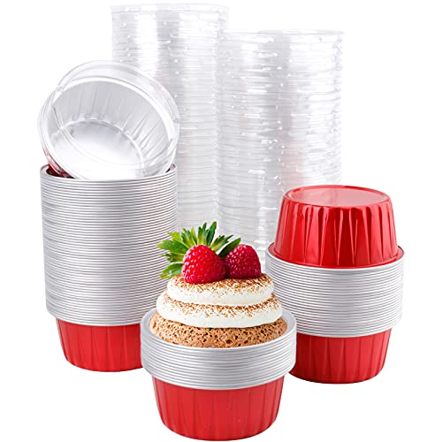 DEAYOU 100 Pack Aluminum Foil Cupcake Liners with Lids, 5oz Round Ramekin Baking Cups, Disposable Tart Pie Tin Pan Holder, Mini Cake Containers for Pudding, Party, Wedding, Oven Freezer Safe, Red