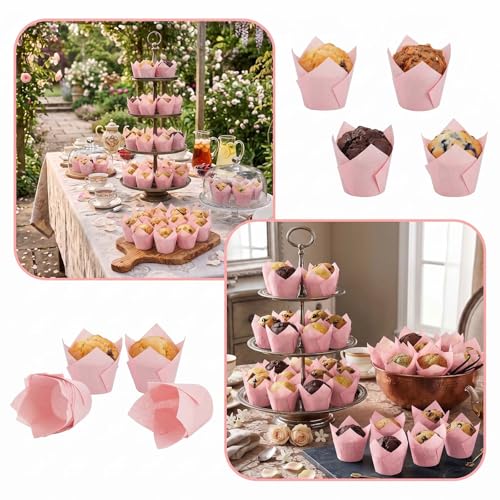 200 Pcs Pink Tulip Cupcake Liners for Baking, Standard Size - color: Pink