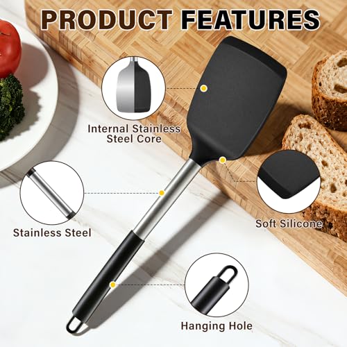 5Pcs Silicone Cooking Utensils Set, Heat Resistant Kitchen Tools Include Solid&Slotted Spatula, Cooking Spoon and Pasta Server, Silicone Kitchen Utensils set for Nonstick Cookware Flipping, Black - color: Black