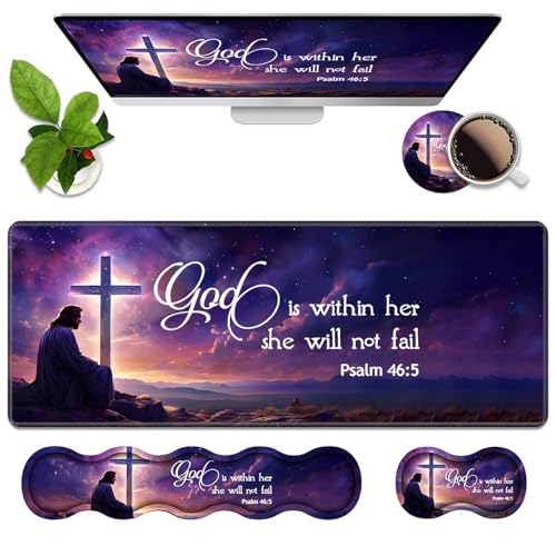 Ergonomic Memory Foam Mouse Pad Wrist Rest Set, Large Gaming Desk Pad + Keyboard Wrist Rest + Mouse Wrist Cushion + Coaster for Home Office Study Gaming, Christian Cross Quote Bible Verse Psalm 46:5 - color: Christian Cross Quote Bible Verse Psalm 46:5
