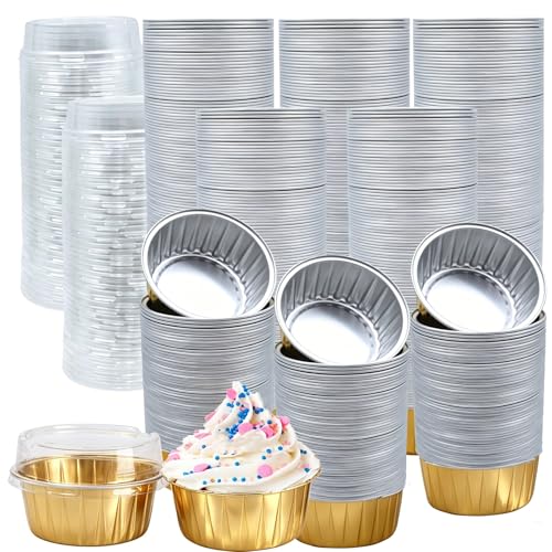 150 Pack Disposable Ramekins with Clear Lid, Golden Mini Cupcake Tins