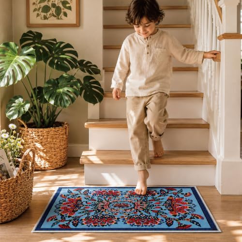 Lotus Entry Rug 2x3 Washable Accent Rug - color: Blue Flower, size: 2' x 3' (Rectangular)