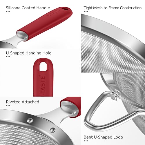 U-Taste Fine Mesh Strainer, 18/8 Stainless Steel Sieve 30 Mesh, S/Red - color: (4) Red, size: S-3.35in