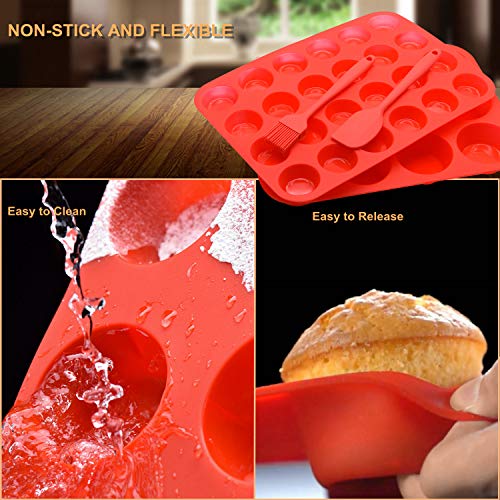 Silicone Muffin Pan Cupcake Set, Non-Stick Regular 12 Cups and Mini 24 Cups,Silicone Baking Molds,BPA Free Muffin Tin with 1 Silicone Spatula & 1 Oil Brush (Red) - color: Red