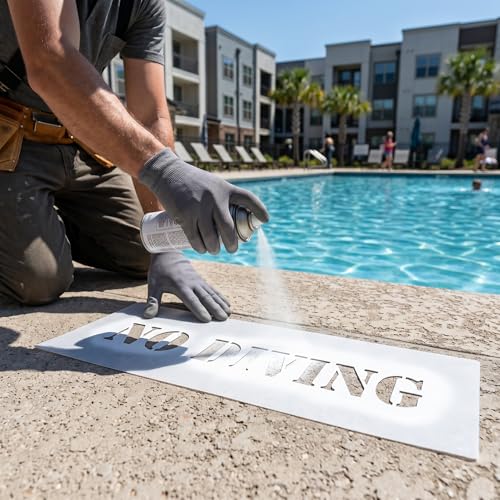 Stencil Ease Pool Safety Stencil Kit – 21 Reusable 10 mil Mylar Stencils for Concrete Pool, Spa Decks – Swimming Pool Rules, No Diving, No Running, Water Depth