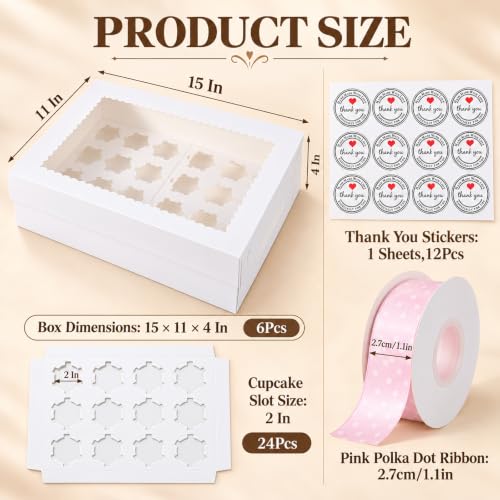 6Pack Cupcake Boxes with Window, 24 Count Cupcake Carriers - color: Pink Polka Dots