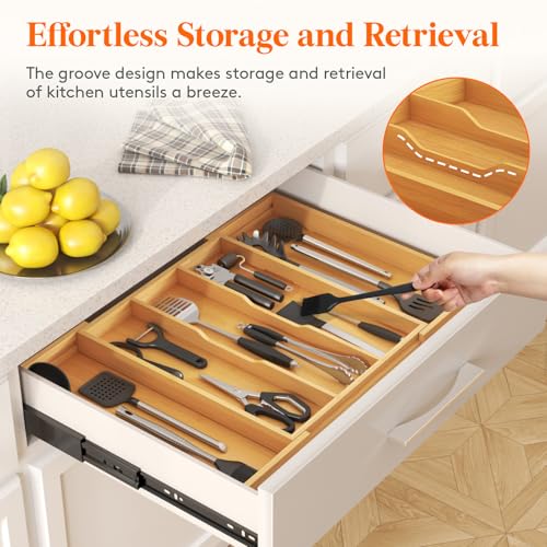 Lifewit Bamboo Kitchen Drawer Organizer, Cooking Utensil Silverware Tray - color: Natural, size: 5 Slot(15.6~28''W x 18.5'' D)