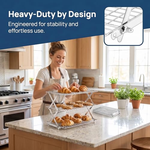 Collapsible Cooling Rack with Adjustable 3 Setting, Wire Cooling Roasting Cooking Baking Drying Rack for Cookies Bread Turkey, Candy, Fruit, Snacks (Silver- 3 Tier) - size: Silver- 3 Tier