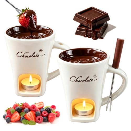 Chocolate Fondue Mug Set of 2, Ceramic Melting Cup, Candle & Fork - color: 2pcs White