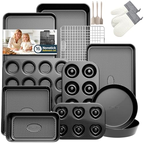 16-Piece Baking Pan Set, Nonstick Bakeware Set with Rack, Baking Sheet Set - size: 16PCS