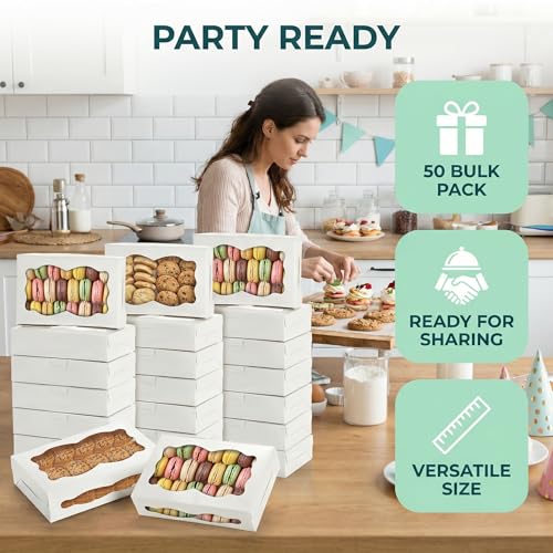 Hiceeden 50 Pack White Cookie Boxes with Window, 8"×5.4"×2" Bakery Candy Box for Gift Giving, Treat Dessert Boxes for Pastry Donuts Candy Biscuit Macaron Chocolate Strawberry