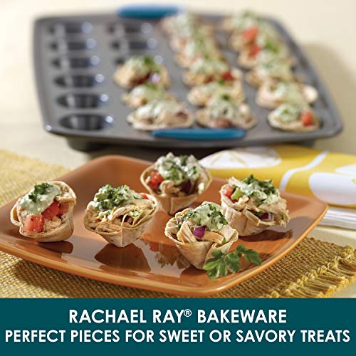 Rachael Ray Yum-o! Nonstick Mini Muffin & Cupcake Tin - 24 Cup, Gray with Marine Blue Grips - color: Blue Grips, size: 24 Cup