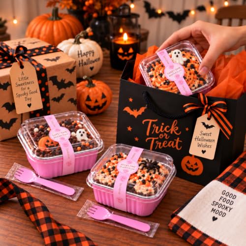 NPLUX 50 Pack 5oz Halloween Mini Cake Pans with Lids for Parties, Pink Foil - color: Pink, size: 5 OZ