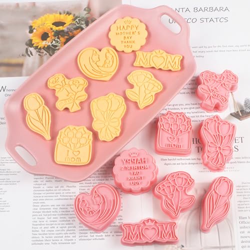 Mother‘s Day Cookie Cutters, 8Pcs 3D Plastic Cookie Molds Thank You Rose Tulip Shape Biscuit Cutters for Mother's Day or Birthday Party Baking Cutting Tool(E8) - color: E8