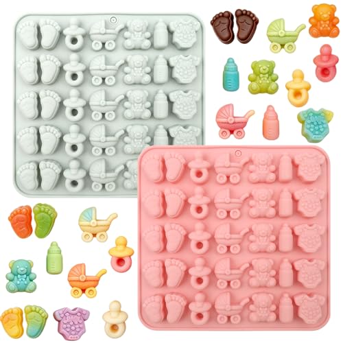 2 Pcs Baby Shower Chocolate Molds - Babies Silicone Candy Molds, Baby Feet Bottle Carriage Nursing Silicone Mold, Silicone Mold with Footprint Bear Carriage Mold forCupcake Decoration Party