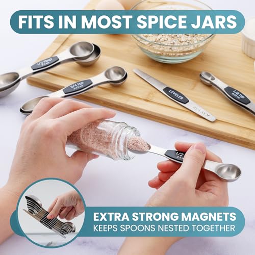 Zulay Stainless Steel Measuring Spoon Set - Stackable Magnetic Spoon Measuring Set - Magnetic Measuring Spoon Set of 8 with Leveler - Made with Strong N45 Magnets & 304 Stainless Steel - Black - color: Black