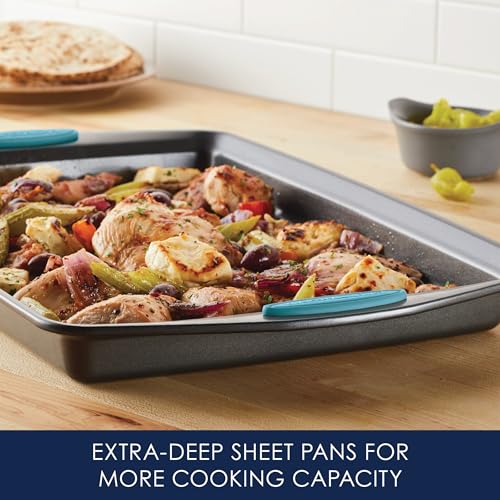 Rachael Ray Nonstick Bakeware Cookie Pan Set, Baking Sheets, 3-Piece, Gray - color: Agave Blue Grips