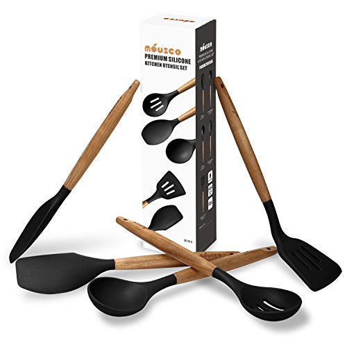 Kitchen Utensils Set, Silicone Cooking Utensils Set,Non-Stick Silicone Spatula Set with Natural Acacia Hard Wood Handle, 5 Piece, Upgraded Thickened Cookware - color: Black