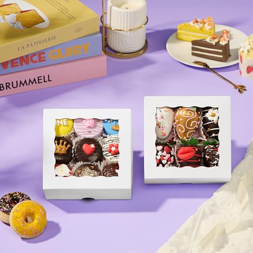 RomanticBaking 51PCS 5x5x2 Inch Bakery Boxes,Cookie Boxes with Window, Pastry Boxes for Macaroon Dessert Cupcake Donut Pastry Muffins - size: 5x5x2½"