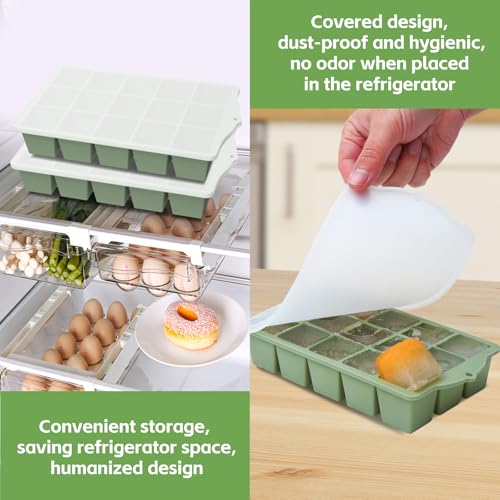FANYITY Silicone Ice Cube Tray with Lid, Green, Pack of 4 Ice Cube Moulds, Silicone Mould, BPA-Free, Stackable Ice Cube Tray, Ice Cube Trays for Baby Porridge, Cocktail, Whiskey, Coffee - color: Green