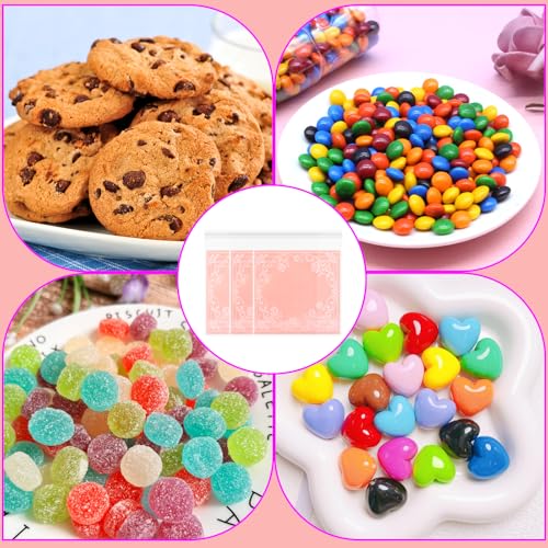 yueton 100PCS Self Sealing Cellophane Cookie Bags Cute Pink Cookie Bags Adorable Resealable Cellophane Bags for Christmas Wedding Gift Giving